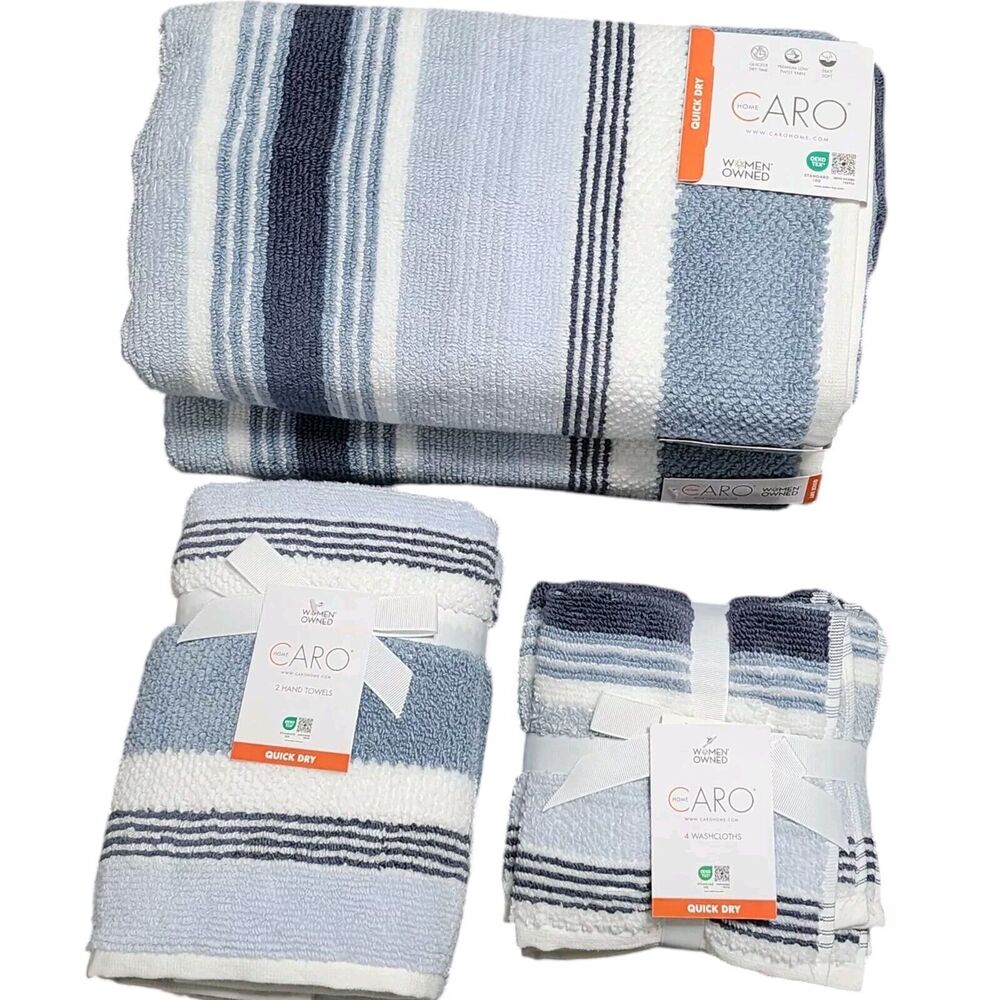 Caro Home 8pc Blue And‎ White Striped Cotton Towel Set 2 Bath 2 Hand 4 Tip NEW
